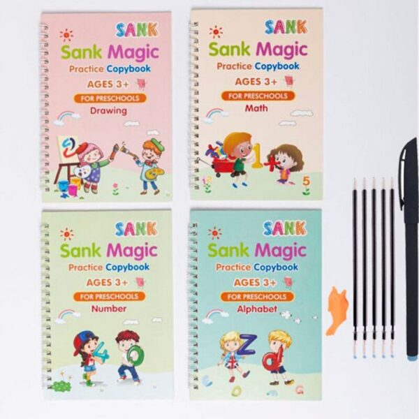 Sank Magic Practice Copybook 3D Groove Reusable Writing English Book for Kid Calligraphy - 4 Books + 20 extra refill pens!!!!